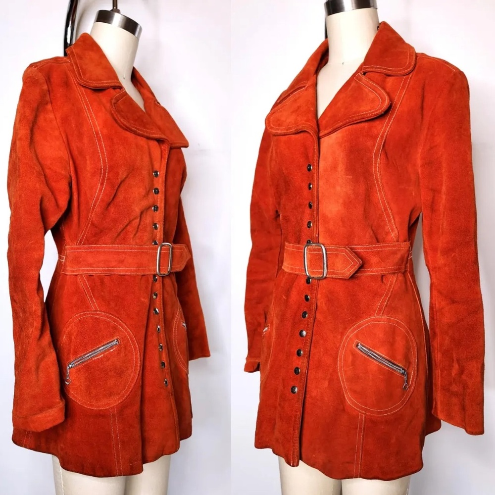 70s Vintage Burned Orange Leather Suede Jacket Trench Coat Belted Mod Boho XS